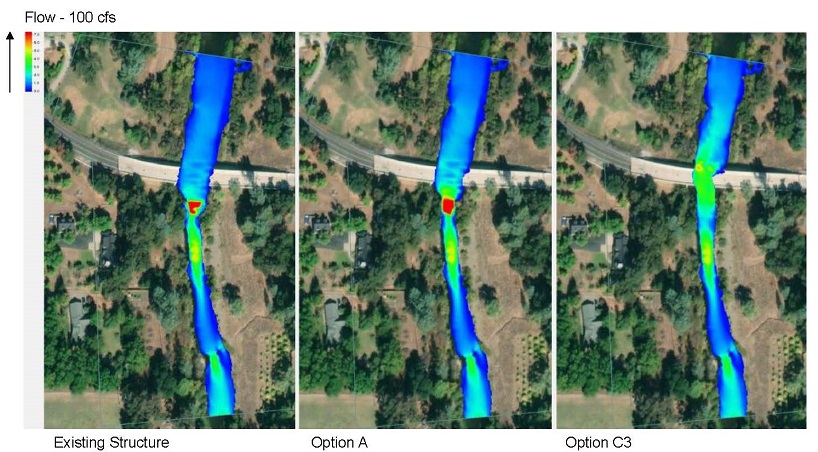 2D velocity contour plots comparing projected velocities of Option A and C3 with the existing structure at 100 cfs.